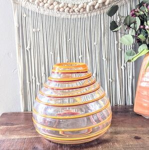 Handmade Blown Glass Vase – 8" Tall x 8" Wide – Swirled Orange & Clear – Modern